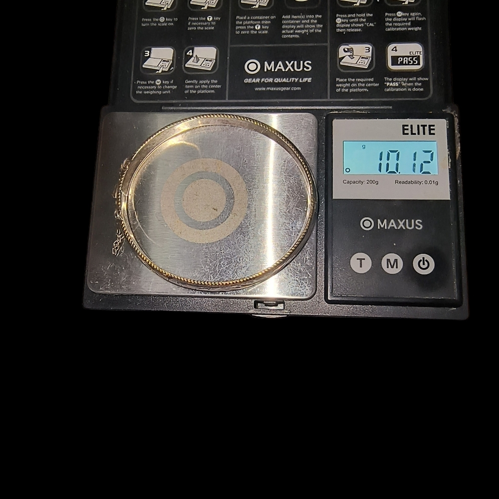 Vintage Sterling Silver Two-Tone Etched Bangle Bracelet With Hinge - Picture 11 of 11